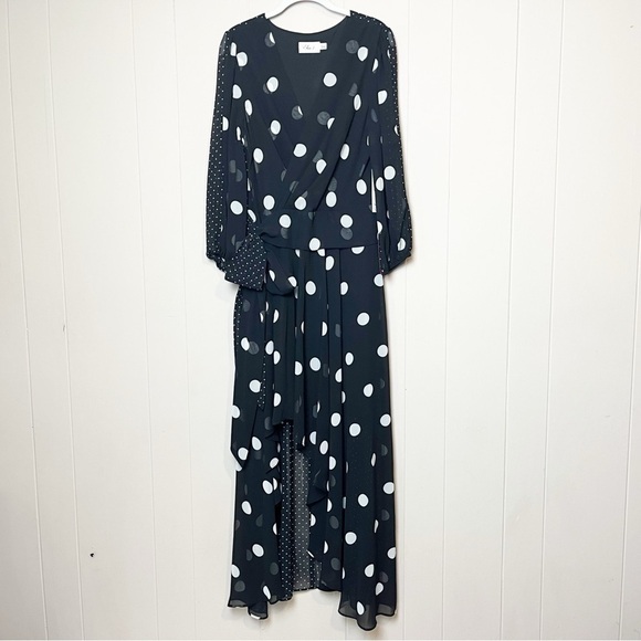 Eliza J NWT Black Polka Dot Midi Dress 8 high low wrap long sleeve flowy V neck - Picture 2 of 13